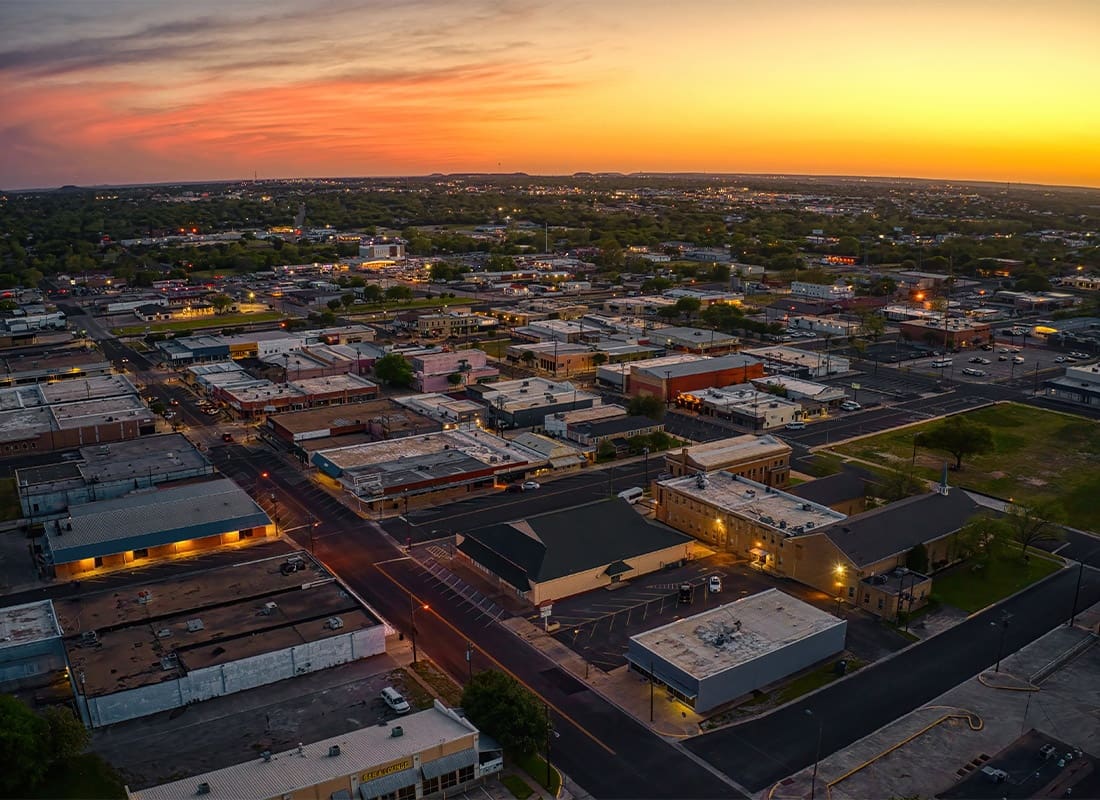 Village Mills, TX - Aerial View of Downtown Killeen, Texas at Sunset in Spring